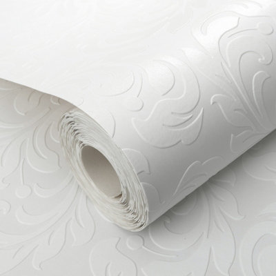 B&Q -  White Floral Paintable Wallpaper Textured Thick Blown Vinyl