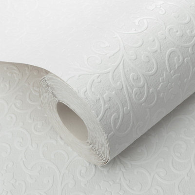 B&Q -  White Floral Paintable Wallpaper Thick Textured Vinyl