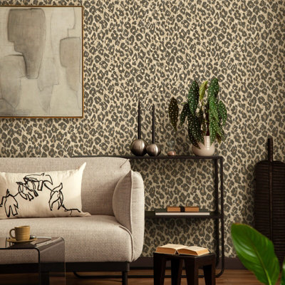 Brown Leopard Print Wallpaper Beige Natural Gold Metallic Shimmer Feature Wall - Image 3
