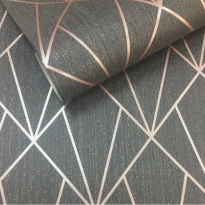 Charcoal Geometric Textured Wallpaper Metallic Rose Gold Shimmer Thick Blown Vinyl Feature Wall 5061103679659 - Image 3