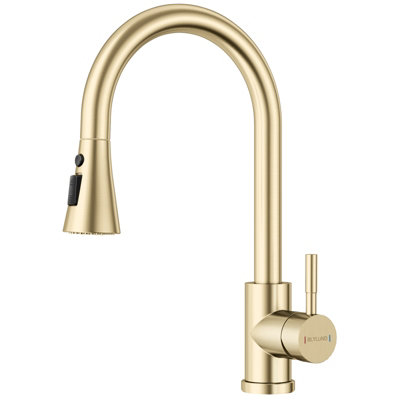 B&Q Gold Blylund Brushed Brass Pull-Out Kitchen Mixer Tap With Spray Modes And High Arc Spout Size 3