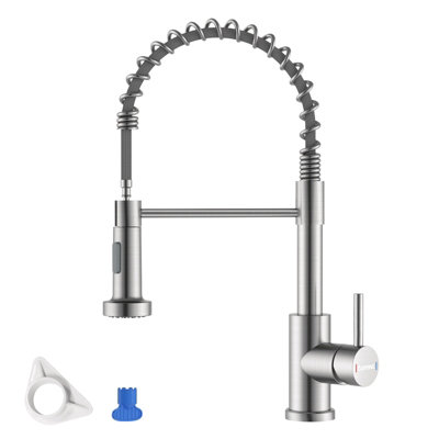 B&Q -  Brushed Nickel Kitchen Mixer Tap With Pull Down Sprayer Spring High Arc 360 Swivel 2 Modes