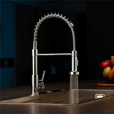 B&Q -  Chrome Kitchen Mixer Tap With Pull Down Sprayer Spring High Arc 360 Swivel 2 Modes