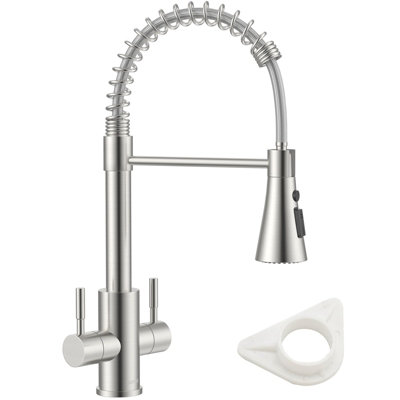 B&Q -  Brushed Nickel Kitchen Mixer Tap With Dual Lever Handles3-Function Sprayer,360 Swivel Spring Spout