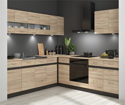 B&Q -  Fitted Kitchen Left Corner Set Wood Effect Cabinets Oak Wenge Effect Freestanding 11 Cupboard Complete Diy Junona