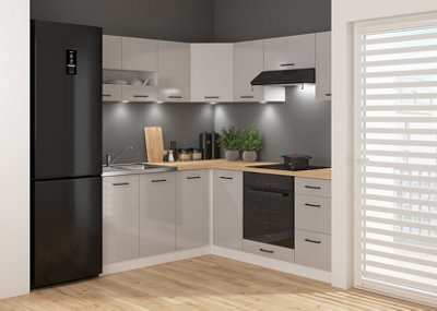 B&Q -  Kitchen Corner Cabinets Set 11 Units Grey Gloss Modern Freestanding Cupboards Complete Diy Fitted L Shaped Junona