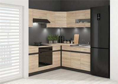 B&Q -  Corner Kitchen Cabinets Set 11 Unit Oak Wenge Effect Freestanding Cupboards Complete Right Diy Fitted Kitchen Junona