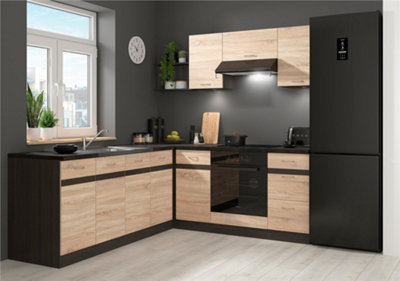 B&Q -  Corner Kitchen Cabinet Fitted Left Set 9 Units Light Oak Wenge Wood Effect Freestanding Cupboard Complete Junona