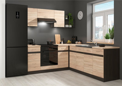 B&Q -  Corner Kitchen Cabinets Fitted Right Set 9 Unit Light Oak Wenge Wood Effect Freestanding Cupboard Complete Junona
