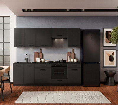 B&Q -  Complete Kitchen Cabinets 8 Units Kitchenette Fitted Kitchen Set 240Cm Black And Grey Anika