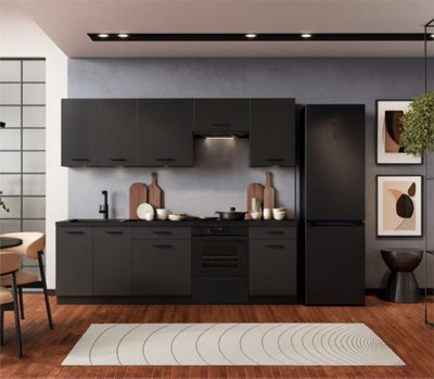 B&Q -  Complete Kitchen Cabinets 7 Units Kitchenette Fitted Kitchen Set 240Cm 2400mm Black And Grey Anika
