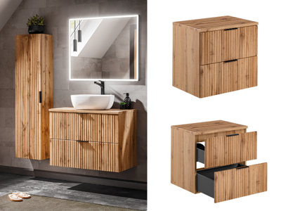 B&Q -  Bathroom Vanity Unit 600mm Oak Countertop Ribbed Fluted Oak Effect Modern Wall Hung Cabinet Adel