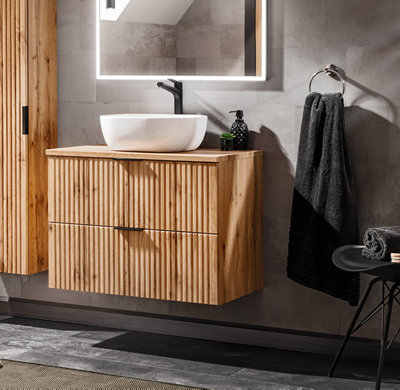 B&Q -  Vanity Unit With Basin 600mm Wall Hung Countertop Bathroom Cabinet Oak Effect Fluted Ribbed Drawers Adel