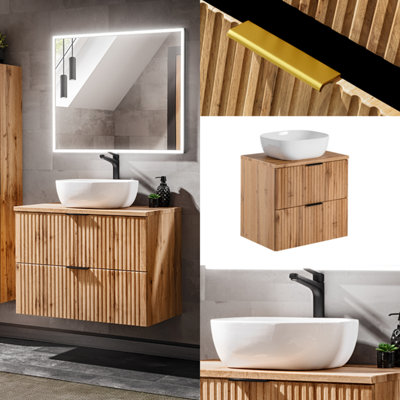 B&Q -  Wall Hung Bathroom Vanity Unit With Basin 600mm Countertop Sink Cabinet Oak Effect Fluted Ribbed Drawers Adel