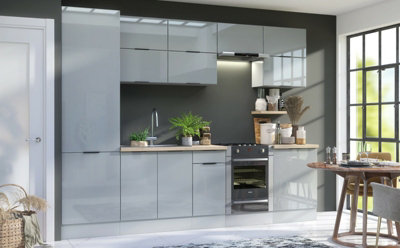 B&Q -  Complete Fitted Kitchen Cabinets Set 11 Unit Wide Larder 60Cm Pantry 300Cm Light Grey Gloss Star