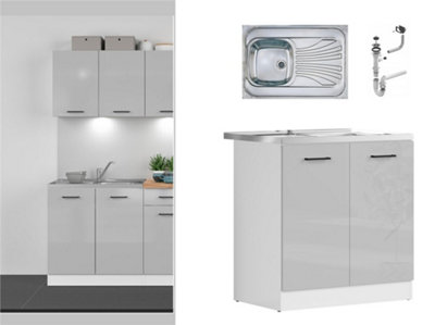 B&Q -  Under Sink Kitchen Unit 800mm Base Cabinet Light Grey Gloss With Steel Sink Junona
