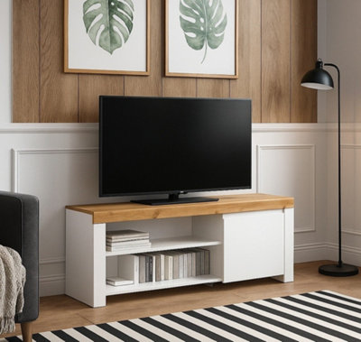 B&Q -  Tv Unit Storage Cabinet Media Stand 156Cm White Gloss And Oak Bench For Up To 65 Inch Tv Bedroom Living Room Holten