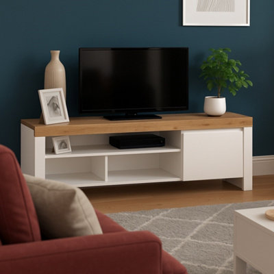 B&Q -  White Tv Unit Storage Cabinet 156Cm Media Stand Unit For Up To 65 Inch Tv Bedroom Living Room White Gloss And Oak Holten