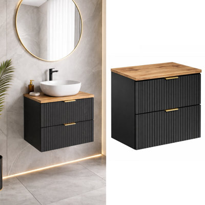 B&Q -  Bathroom Black Vanity Unit 600mm Oak Countertop Ribbed Fluted Modern Wall Hung Drawer Cabinet Adel