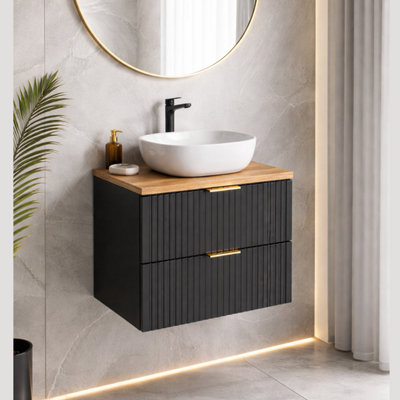 B&Q -  Vanity Unit With Basin 600mm Oak Countertop Wall Hung Black Bathroom Cabinet Ribbed Fluted Drawers Adel