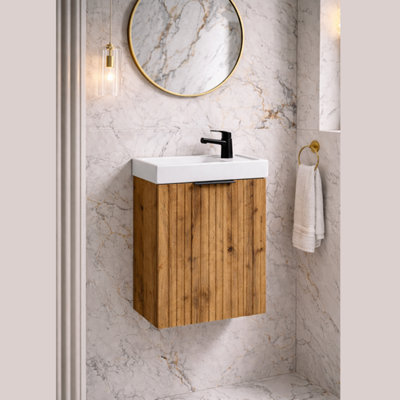 Impact Furniture Cloakroom Vanity Unit With Sink 400mm Ribbed Fluted Oak Modern Wall Hung Bathroom Cabinet Slimline Narrow Adel from B&Q