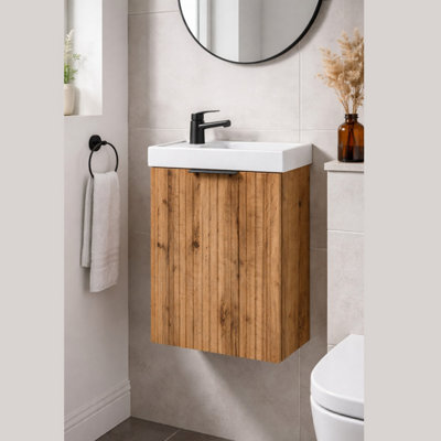Impact Furniture Cloakroom Vanity Unit With Sink 400mm Bathroom Cabinet Ribbed Fluted Oak Modern Wall Hung Slimline Narrow Adel from B&Q