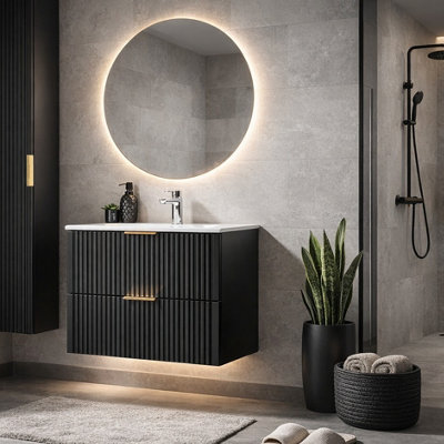 B&Q -  Vanity Unit With Basin Black 600mm Bathroom Sink Cabinet Ribbed Fluted Wall Hung Adel
