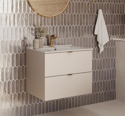 B&Q -  Bathroom Vanity Unit With Sink 600mm Beige Wall Cabinet Floating 2 Drawer Cashmere Storage Dalia