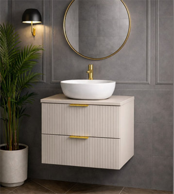 B&Q -  Vanity Unit With Basin Beige Wall Hung Sink Cabinet Fluted Drawers 600mm Worktop Modern Adel