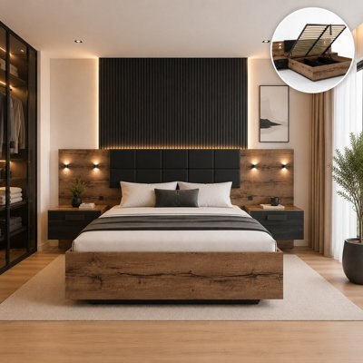 Impact Furniture King Size Bed Ottoman Lift Up Storage Led Lights Usb Integrated Bedsides Oak Black Premium Quality Luxury Kassel
