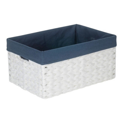 B&Q -  White Paper Rope Rectangular Storage Basket With Navy Blue Cotton Lining
