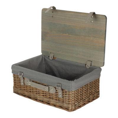 Red Hamper Unisex Grey Antique Wash Lined Willow Empty Picnic Basket With Pinewood Lid | : Small - Image 3