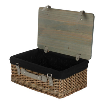 B&Q -  41Cm Antique Wash Black Lined Willow Empty Picnic Basket With Pinewood Lid
