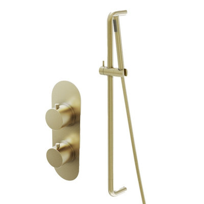 Plum&clay Emilia Gold Round Concealed Thermostatic Shower Valve With Slider Riser Rail & Shower Handset from B&Q