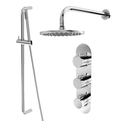 Plum&clay Emilia Chrome Round 2 Way Concealed Thermostatic Shower Valve With Fixed HeadSlider Riser Rail & Shower Handset from B&Q