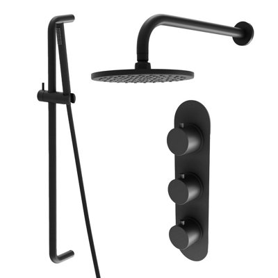 Plum&clay Emilia Black Round 2 Way Concealed Thermostatic Shower Valve With Fixed HeadSlider Riser Rail & Shower Handset from B&Q