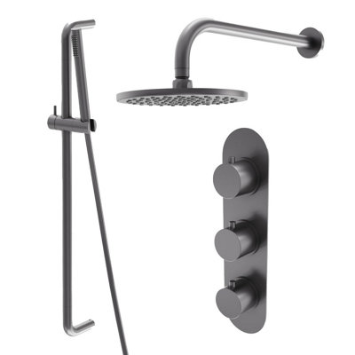 Plum&clay Emilia Gun Grey Round 2 Way Concealed Thermostatic Shower Valve With Fixed HeadSlider Riser Rail & Shower Handset from B&Q