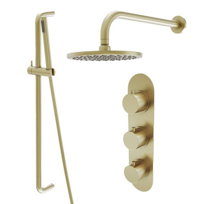Plum&clay Emilia Gold Round 2 Way Concealed Thermostatic Shower Valve With Fixed HeadSlider Riser Rail & Shower Handset from B&Q