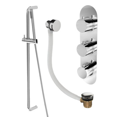 Plum&clay Emilia Chrome Round 2 Way Concealed Thermostatic Shower Valve With Slider Riser Rail Shower Handset Overflow Bath Filler from B&Q
