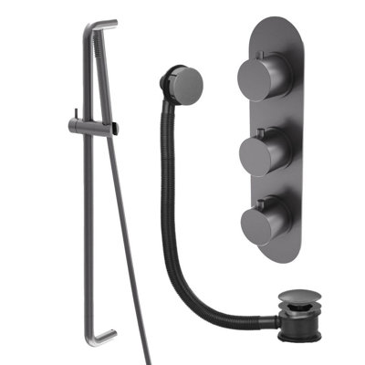 Plum&clay Emilia Grey Round 2 Way Concealed Thermostatic Shower Valve With Slider Riser Rail Shower Handset & Overflow Bath Filler from B&Q