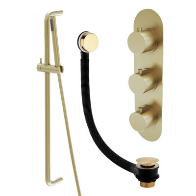Plum&clay Emilia Gold Round 2 Way Concealed Thermostatic Shower Valve With Slider Riser Rail Shower Handset & Overflow Bath Filler from B&Q