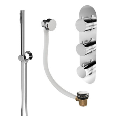Plum&clay Emilia Chrome Round 2 Way Concealed Thermostatic Shower Valve With Shower Handset & Overflow Bath Filler from B&Q