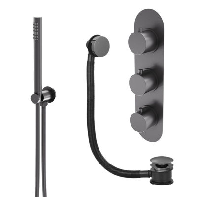 Plum&clay Emilia Gun Grey Round 2 Way Concealed Thermostatic Shower Valve With Shower Handset & Overflow Bath Filler from B&Q