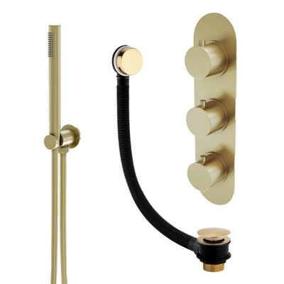 Plum&clay Emilia Gold Round 2 Way Concealed Thermostatic Shower Valve With Shower Handset & Overflow Bath Filler from B&Q