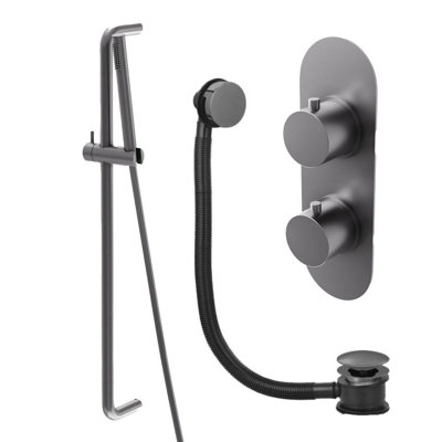 Plum&clay Emilia Grey Dual Control Concealed Thermostatic Shower Valve Slider Riser Rail Shower Handset Overflow Bath Filler from B&Q