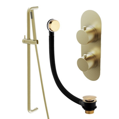 Plum&clay Emilia Gold Dual Control Concealed Thermostatic Shower Valve Slider Riser Rail Shower Handset Overflow Bath Filler from B&Q