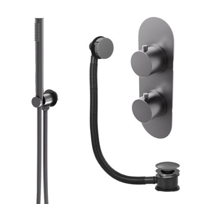 Plum&clay Emilia Gun Grey Round 2 Way Dual Control Concealed Thermostatic Shower Valve With Shower Handset & Overflow Bath Filler from B&Q