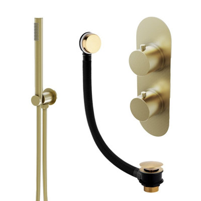 Plum&clay Emilia Gold Round 2 Way Dual Control Concealed Thermostatic Shower Valve With Shower Handset & Overflow Bath Filler from B&Q
