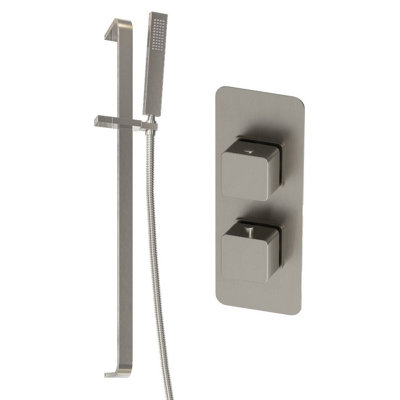 Plum&clay Alberto Nickel Square Concealed Thermostatic Shower Valve With Slider Riser Rail & Shower Handset from B&Q