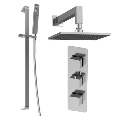 Plum&clay Alberto Chrome Square 2 Way Concealed Thermostatic Shower Valve With Fixed HeadSlider Riser Rail & Shower Handset from B&Q